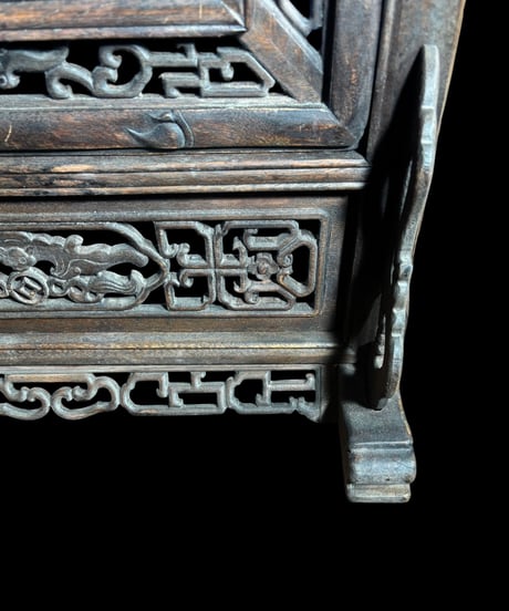 中国古美術 唐木 紫壇枠 硯屏 透かし彫り 民国 鏡 装飾品 インテリア 中国 骨董品 アンティーク ヴィンテージ