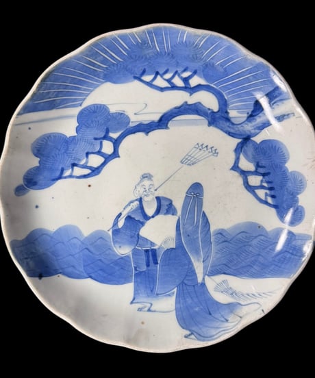 古伊万里 装飾皿 松仙人人物図 染付 明治 丸皿 盛り皿 飾り皿 古伊万里 古美術 和食器 骨董品 アンティーク
