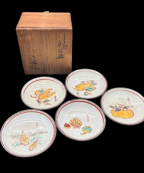 【5客セット】 五代 清水六兵衛 色絵 手塩皿 春渓画 共箱 小皿 丸皿 茶道具 和食器 陶器 時代物 骨董品 アンティーク