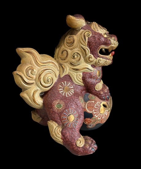九谷焼 赤獅子 色絵 玉獅子 玉乗り獅子 唐獅子 置物 美術品 縁起物 オブジェ 陶磁器 陶器 骨董品 アンティーク