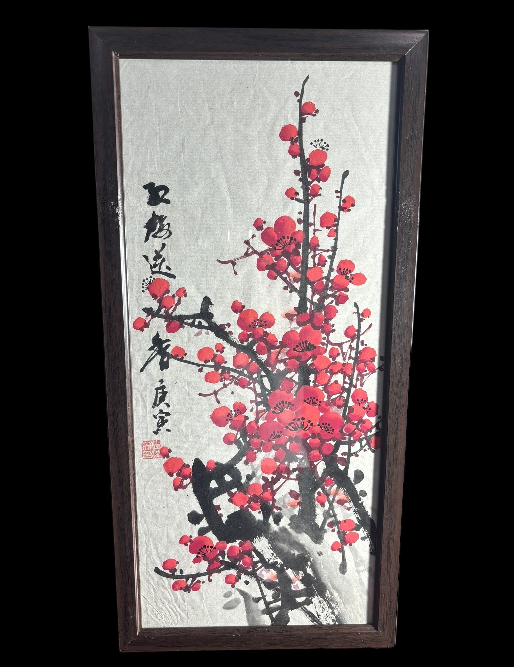中国美術 水墨画【紅梅】額装 壁掛 絵画 original