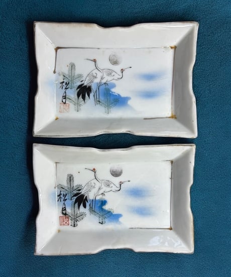 【2客セット】印判角皿 松月 [鶴松月] 江戸 色絵 伊万里 四角皿 盛り皿 飾り皿 古伊万里 古美術 和食器 骨董品 アンティーク