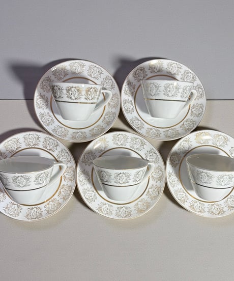 【5客揃】 glory CHINA カップ&ソーサー 花鳥柄 ゴールド マグカップ 鶴 紅茶 コーヒー カップ 茶器 昭和 レトロ アンティーク