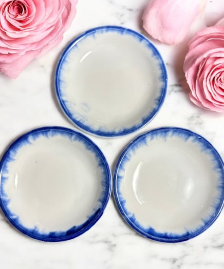 【3客セット】ルリハケメ玉渕 小皿 ルリ刷目 平皿 丸皿 豆皿 取り皿 和食器 骨董品 アンティーク
