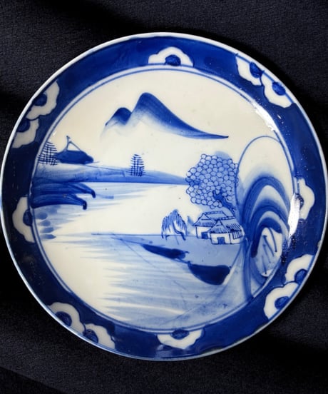 染付 平皿 [山水風景絵] 丸皿 大皿 取り皿 盛り皿 飾り皿 和食器 大正 昭和 骨董品 アンティーク