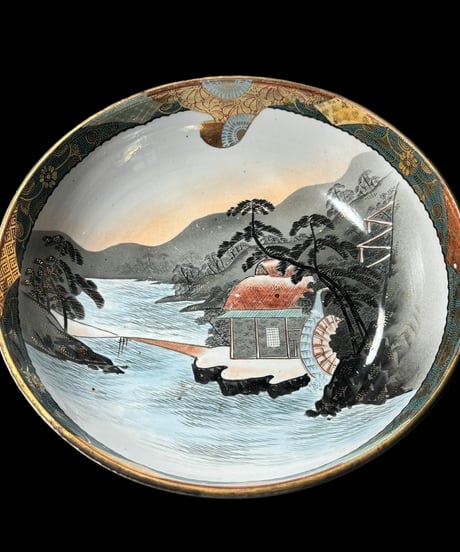 九谷焼 金彩 大鉢 [松 山水 風景絵] 色絵 鉢 丸皿 取り皿 飾り皿 和食器 九谷 古九谷 陶器 骨董品 アンティーク
