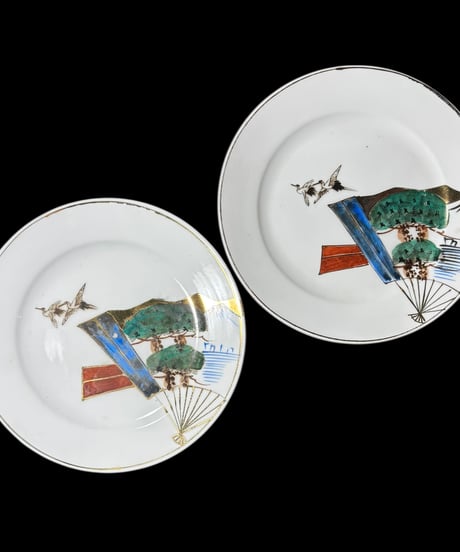 【2枚セット】色絵 双鶴 扇子 大皿 丸皿 取り皿 飾り皿 和食器 時代物 陶器 骨董品 アンティーク