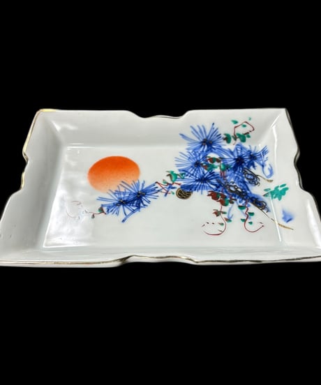 【2客セット】色絵 四角皿 [松 日] 時代物 角皿 変形皿 小皿 取り皿 盛り皿 飾り皿 レトロ 昭和初期 和食器 骨董品 アンティーク