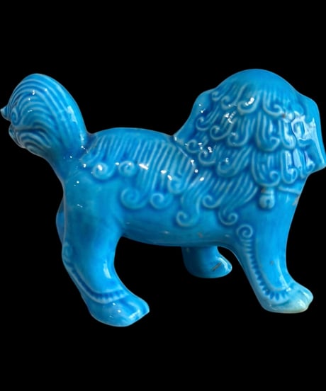 【2体セット】青獅子 ペア 唐獅子 中国 置物 美術品 縁起物 オブジェ 陶磁器 陶器 骨董品 アンティーク
