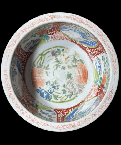 古伊万里 大鉢 福 窓絵風景草花文図 明治 盛り鉢 色絵 鉢 取り皿 飾り皿 和食器 陶器 伊万里 骨董品 アンティーク