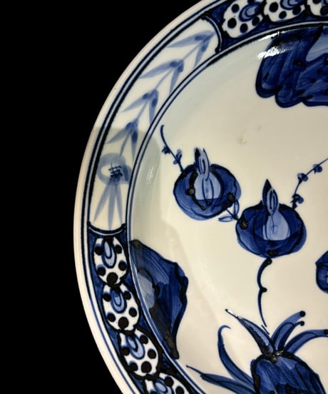 染付 丸皿 [草花鳥文絵] 印判 大皿 平皿 絵皿 取り皿 盛り皿 飾り皿 和食器 骨董品 アンティーク
