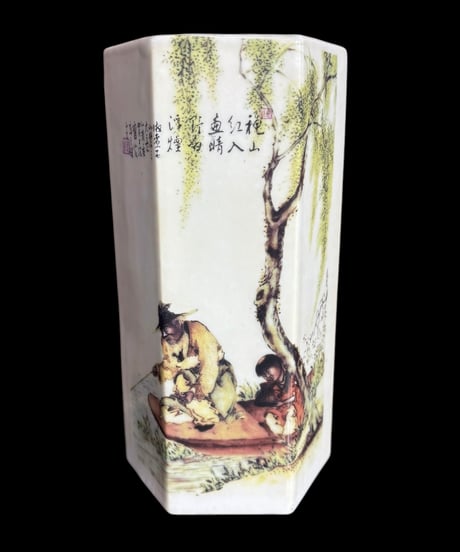 六角壺 [漢詩松竹賢人図] 中国雑貨 壺 フラワーベース 花瓶 花入れ 丸壺 花器 陶器 古美術 骨董品 アンティーク