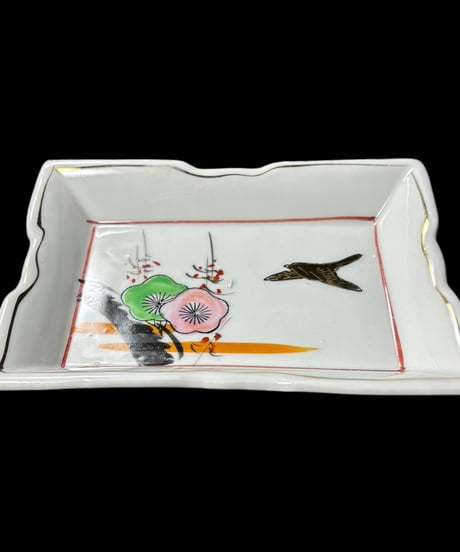 【2客セット】色絵 四角皿 [梅 鳥 夕焼け] 時代物 角皿 変形皿 小皿 取り皿 盛り皿 飾り皿 レトロ 昭和初期 和食器 骨董品 アンティーク