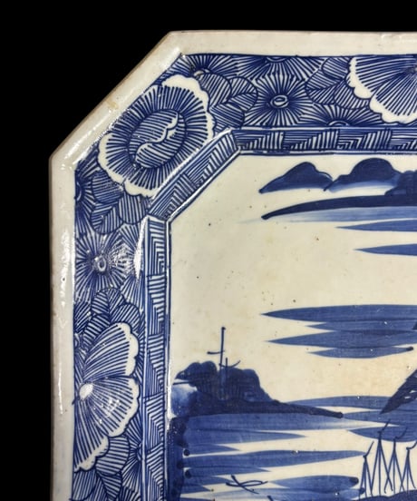 古伊万里 八角絵皿 [山水風景図] 染付 年代物 大皿 角皿 平皿 取り皿 盛り皿 飾り皿 伊万里 和食器 骨董品 アンティーク