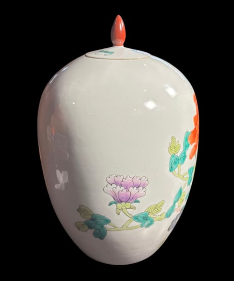 中国磁器 色絵 蓋付き壺 花柄 フラワーベース 花瓶 花入れ 牡丹 花器 丸壺 陶器 中国 古美術 骨董品 アンティーク