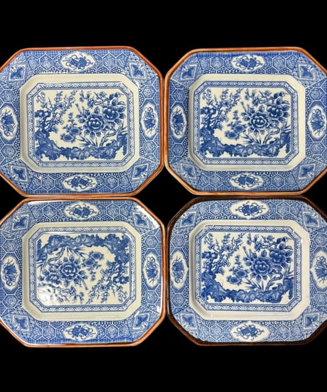 【4客セット】染付 八角皿 [松竹梅草花文] 打ち出の小槌 トレー 角皿 小皿 盛り皿 飾り皿 古美術 和食器 骨董品 アンティーク