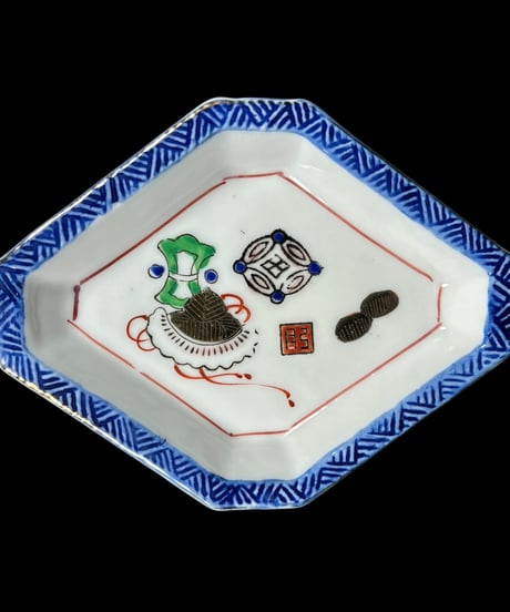 【2客セット】色絵 菱形皿 [手毬 小判] 時代物 角皿 小皿 取り皿 盛り皿 飾り皿 レトロ 昭和初期 和食器 骨董品 アンティーク