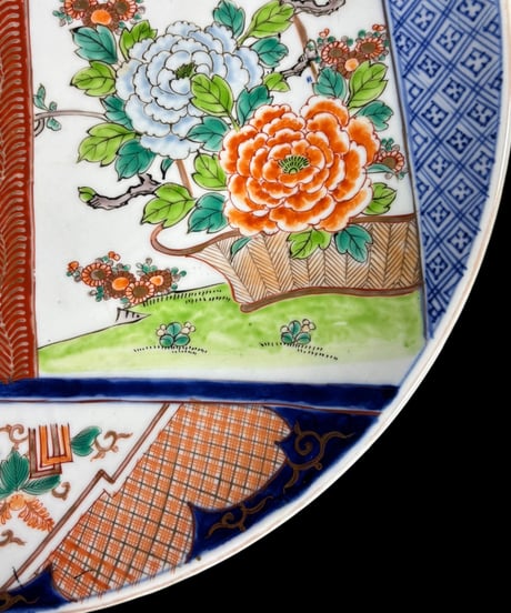 古伊万里 錦色絵 金彩 獅子蝶草花文図 装飾皿 大皿 丸皿 盛り皿 飾皿 古伊万里 古美術 時代物 和食器 骨董品 アンティーク