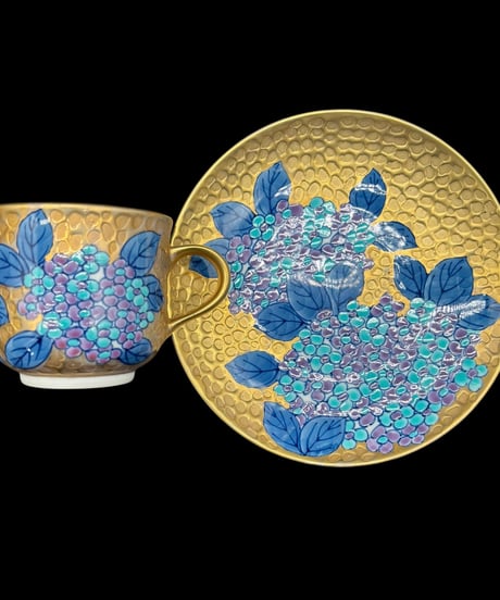 有田焼 陶芸 錦彩作 珈琲碗 染錦 黄金 紫陽花 カップ&ソーサー 共箱 紅茶 コーヒー カップ 茶器 作家物 骨董品 アンティーク