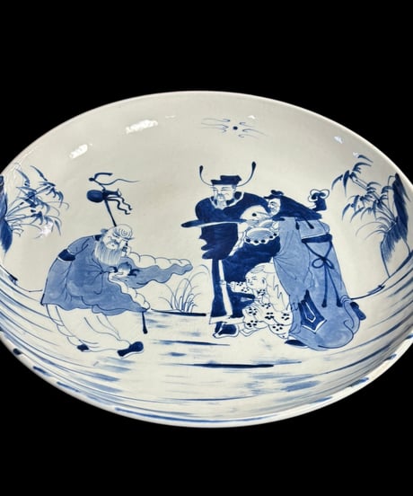 染付 清末【風景人物絵】大皿 丸皿 唐人 明 中国美術 盛り皿 飾り皿 和食器 古美術 骨董品 アンティーク