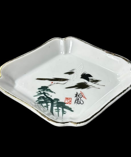【2客セット】色絵 菱形皿 [鶴 松] 時代物 角皿 小皿 取り皿 盛り皿 飾り皿 レトロ 昭和初期 和食器 骨董品 アンティーク
