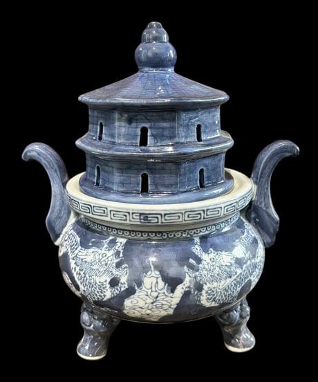 染付 龍 三足 香炉 香道具 美術品 インテリア 置物 陶器 中国 時代物 骨董品 アンティーク