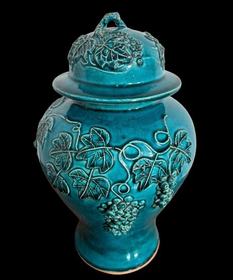 蓋付き 壺 [葡萄] 中国雑貨 フラワーベース 花瓶 花入れ 丸壺 花器 陶器 ブドウ ぶどう 古美術 骨董品