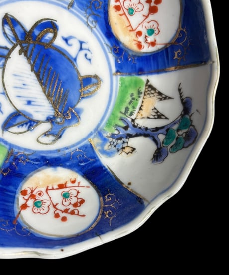 【4客セット】 古伊万里 青絵 なます皿 梅松文図 色絵 丸皿 取り皿 飾り皿 和食器 江戸 伊万里 陶器 骨董品 アンティーク
