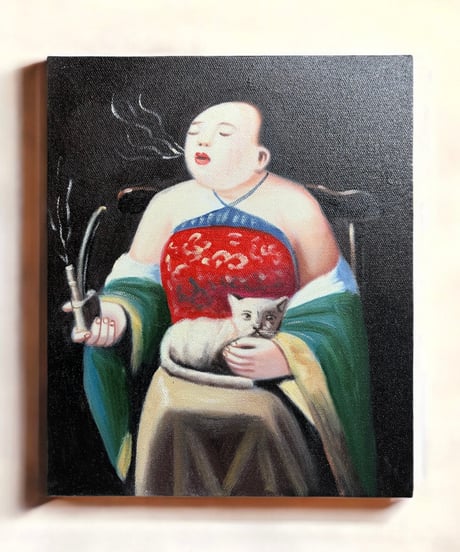 油絵【人物絵 猫】中国雑貨 油彩 額装 壁掛 絵画 色絵 中国 民国 古美術 雑貨 インテリア アンティーク コレクション