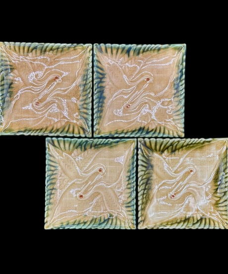 【4客セット】 織部焼 双鶴 菓子器 四角皿 鶴 角皿 菓子皿 茶道具 瀬戸焼 織部 和食器 骨董品 アンティーク