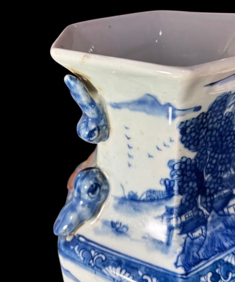 大清康熙年製 六角花瓶 山水風景図 時代物 壺 中国 フラワーベース 花瓶 丸壺 花器 陶器 古美術 骨董品 アンティーク
