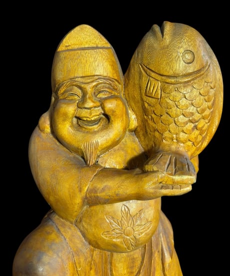 木彫り 恵比寿 七福神 木製 恵比寿様 商売繁盛 開運 縁起物 彫刻 仏像 古美術 インテリア 置物 オブジェ 骨董品 アンティーク