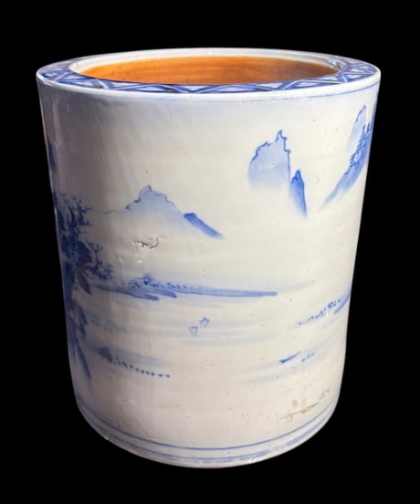 明治期 染付 火鉢 山水風景図 火鉢 陶器 時代物 古道具 骨董品 アンティーク