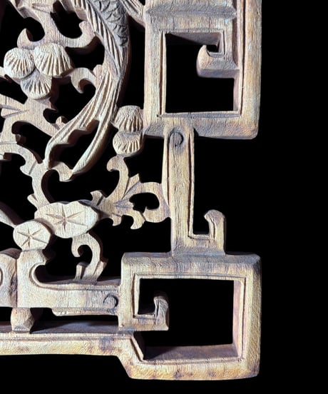中国手彫り彫刻パネル [鯉草花絵] 木彫り 中国 木製 和風 手彫り 彫刻 古民具 中国雑貨 壁飾り インテリア レトロ アンティーク
