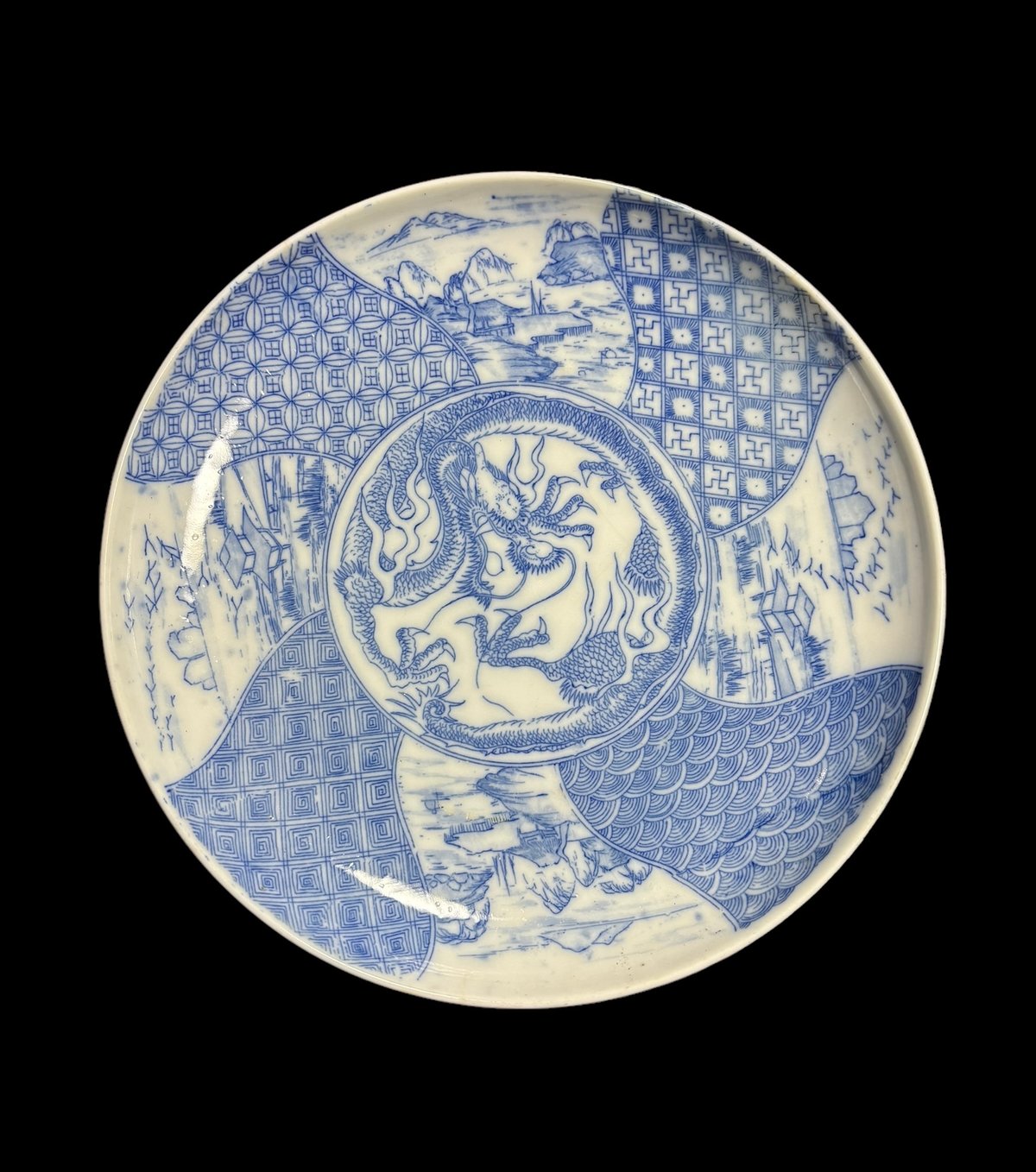 大皿　盛り皿　染付　昭和　当時物　飾り皿 染付 [龍鳥山水 風景絵] 平皿 大皿 印判皿 盛り皿 飾り皿 器 江戸 和