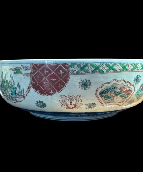古伊万里 大鉢 松風景草花文図 盛り鉢 色絵 鉢 取り皿 飾り皿 和食器 陶器 伊万里 時代物 骨董品 アンティーク