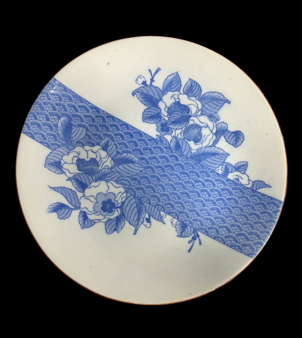 印判大皿 38cm 骨董品 印判大皿 花青海波 染付 飾り皿 盛り皿 いげ皿 モダン 陶器 骨董