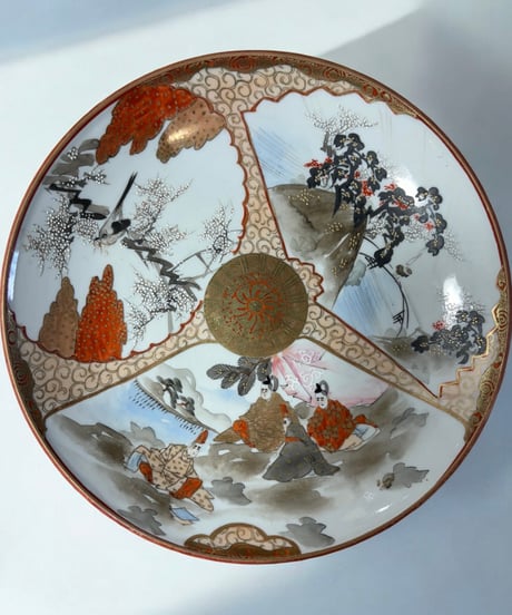 【希少!!】九谷造 色絵 金彩 [松竹梅鳥文風景窓絵 粉彩人物絵] 大皿 平皿 取り皿 盛り皿 飾り皿 久谷 古久谷 和食器 骨董品 アンティーク