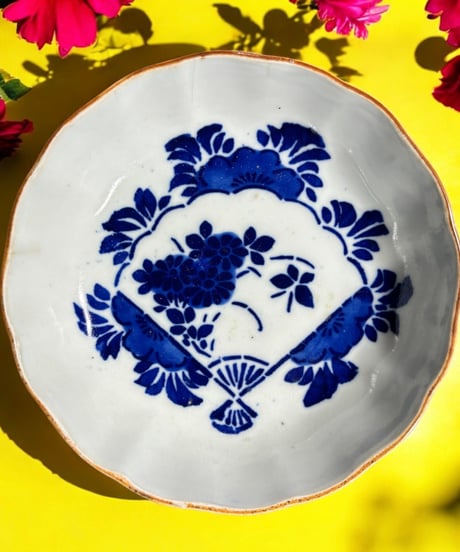 染付 扇子 花 扇 なます皿 丸皿 平皿 取り皿 盛り皿 飾り皿 江戸 和食器 骨董品 アンティーク