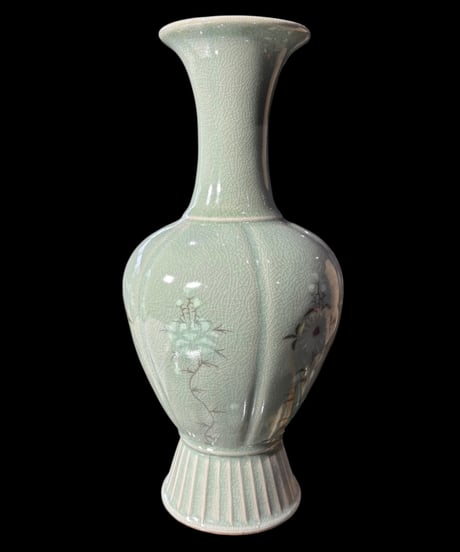 高麗青磁 象嵌 蛍堂 花瓶 フラワーベース 桐箱 花器 陶器 置物 韓国 インテリア 骨董品 ヴィンテージ