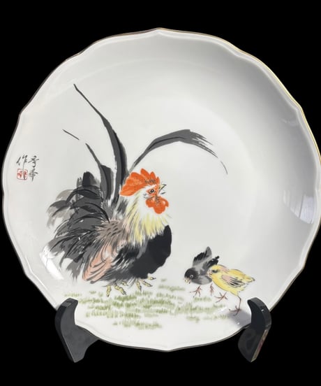 宮内庁御用達 深川製磁 有田焼 絵皿 ニワトリ 鶏 申 色絵 干支 プレート 丸皿 取り皿 飾り皿 縁起皿 骨董品 アンティーク