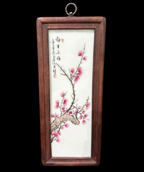 中国現地買入 陶板画 陶板額【梅】額装 壁掛 扁額 五彩 色絵 中国 民国 中国美術 古美術 アンティーク コレクション