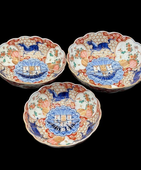 3組鉢 大聖寺伊万里 錦手金彩 馬舟草花文図 輪花鉢 時代物 色絵 大鉢 鉢 盛り皿 飾皿 古伊万里 古美術 和食器 骨董品 アンティーク