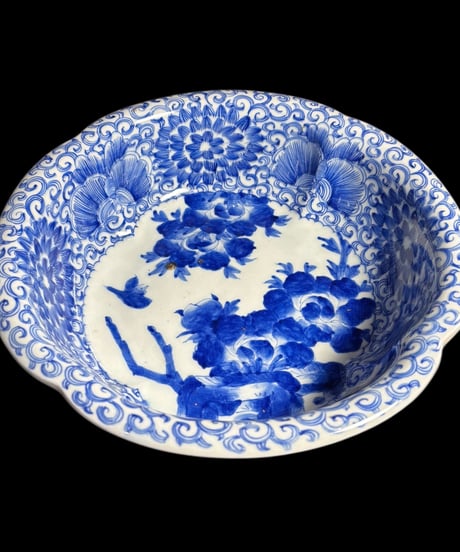 江戸後期 古伊万里 大鉢 鳥牡丹文図 盛り鉢 染付 鉢 取り皿 飾り皿 和食器 陶器 伊万里 時代物 骨董品 アンティーク