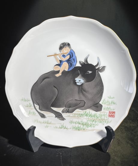 宮内庁御用達 深川製磁 有田焼 絵皿 牛 丑 色絵 干支 プレート 丸皿 取り皿 飾り皿 縁起皿 骨董品 アンティーク