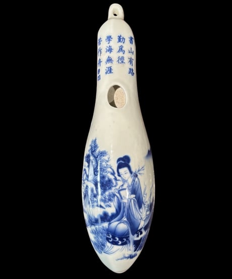 中国現地買入 一輪挿し [読書女人絵] 壁掛け 中国雑貨 花瓶 フラワーベース 染付 陶磁器 陶器 骨董品 アンティーク