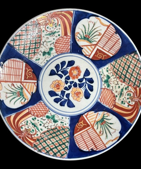 古伊万里 色絵【鶴草花紋】大皿 丸皿 盛り皿 飾り皿 和食器 古美術 和食器 骨董品 アンティーク