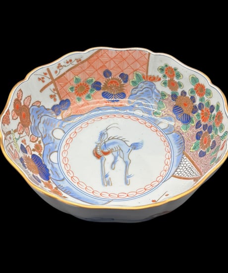 有田焼 年木谷窯 蒼峰 金彩 輪花形 大鉢 獅子梅鳥菊文図 共箱 盛り鉢 色絵 鉢 取り皿 飾り皿 陶器 伊万里 時代物 骨董品 アンティーク