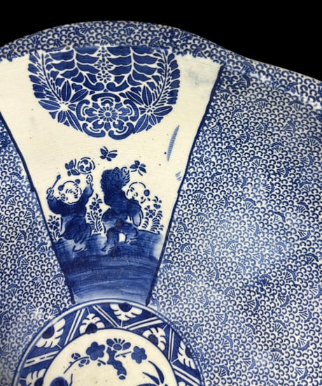 蔵出し 古伊万里 染付 大鉢 唐子 松竹梅 盛り鉢 鉢 飾り皿 和食器 陶器 時代物 骨董品 アンティーク