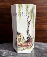 六角壺 [漢詩松竹賢人図] 中国雑貨 壺 フラワーベース 花瓶 花入れ 丸壺 花器 陶器 古美術 骨董品 アンティーク